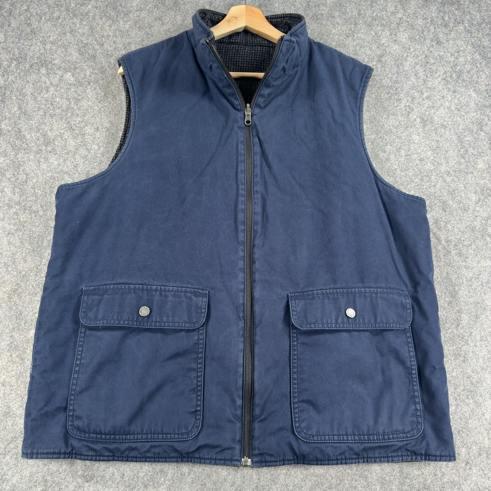 L.L.Bean Vest Mens Large Blue Reversible Quilted Full Zip Pockets Tweed Outdoor